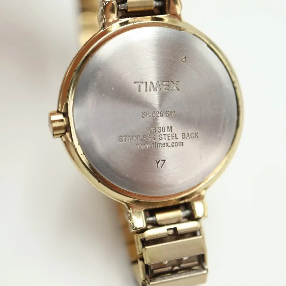 Timex Ladies 26mm Womens Gold Tone Watch Champagne Dial Stretch Band New Battery